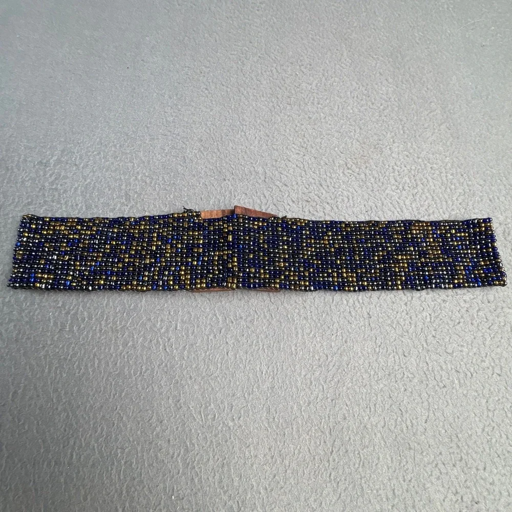 Handmade Indonesian Beaded Belt Navy Blue Gold Wood Buckle Boho Wide 29.5in